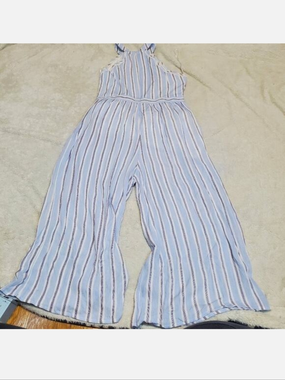NEW Blue White Striped‎ Halter Wide Leg Jumpsuit Large Casual Classic Parisian